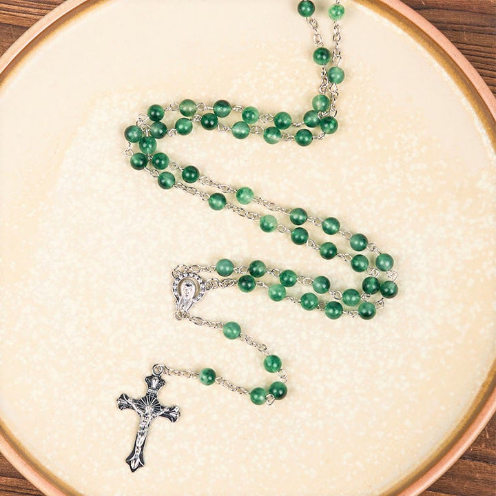 Christianartworkshop Our Lady of Rosary & Crucifix of 6mm Round Green Agate Alloy Chain Rosary