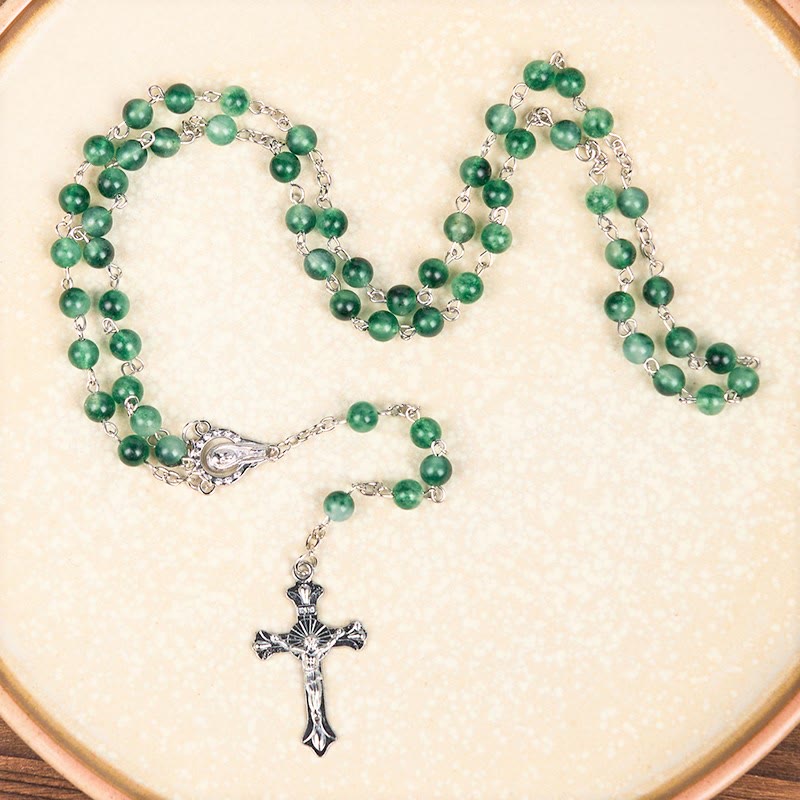 FREE Today: Our Lady of Rosary & Crucifix of 6mm Round Green Agate Alloy Chain Rosary