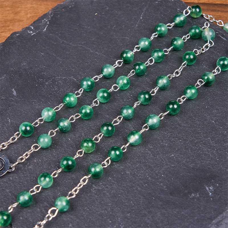 Christianartworkshop Our Lady of Rosary & Crucifix of 6mm Round Green Agate Alloy Chain Rosary