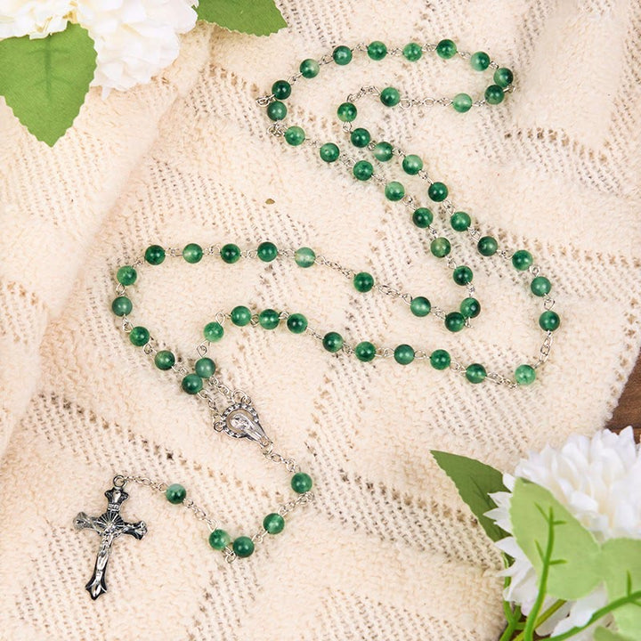 Christianartworkshop Our Lady of Rosary & Crucifix of 6mm Round Green Agate Alloy Chain Rosary