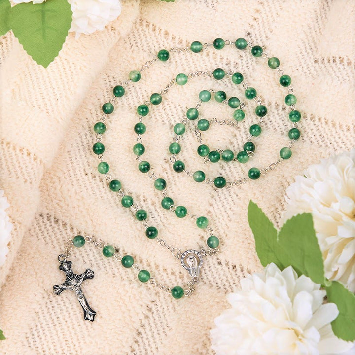 Christianartworkshop Our Lady of Rosary & Crucifix of 6mm Round Green Agate Alloy Chain Rosary