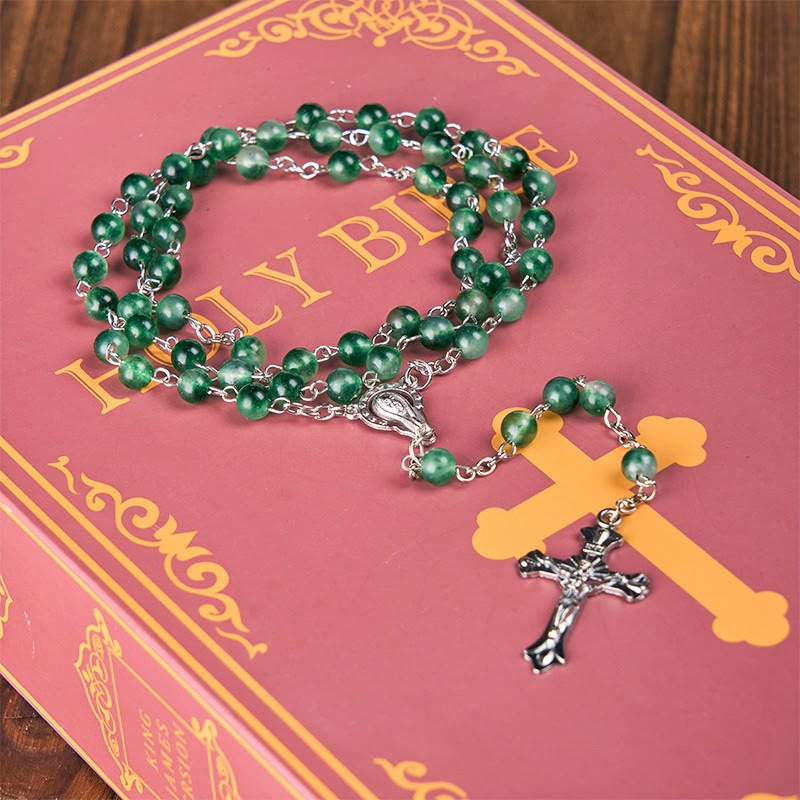 FREE Today: Our Lady of Rosary & Crucifix of 6mm Round Green Agate Alloy Chain Rosary