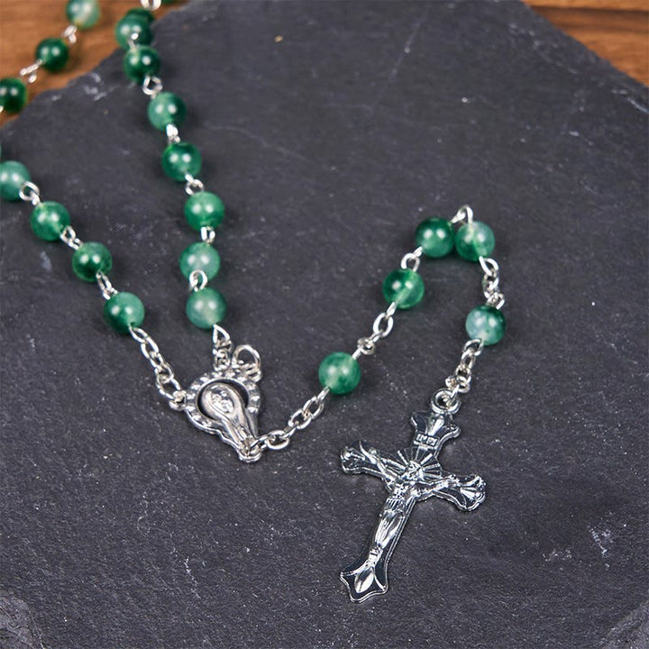 Christianartworkshop Our Lady of Rosary & Crucifix of 6mm Round Green Agate Alloy Chain Rosary