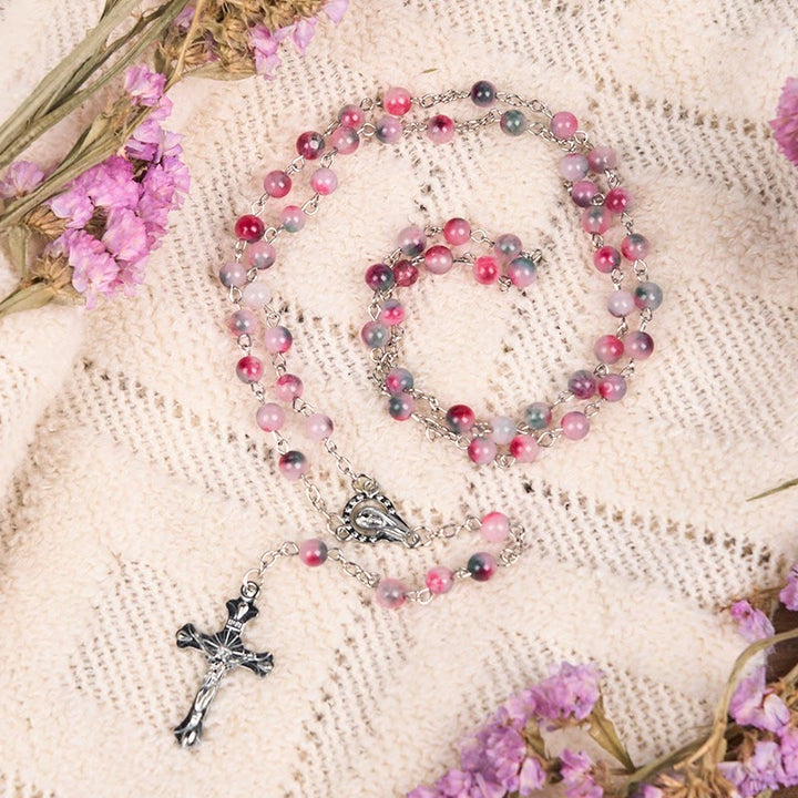 Christianartworkshop Our Lady of Rosary & Crucifix of 6mm Round Multi-pink Agate Alloy Chain Rosary