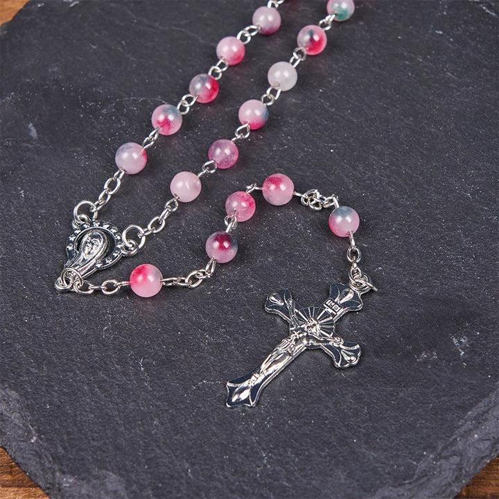 Christianartworkshop Our Lady of Rosary & Crucifix of 6mm Round Multi-pink Agate Alloy Chain Rosary