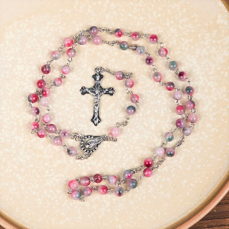 FREE Today: Our Lady of Rosary & Crucifix of 6mm Round Multi-pink Agate Alloy Chain Rosary