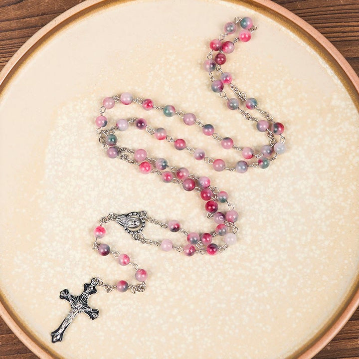 Christianartworkshop Our Lady of Rosary & Crucifix of 6mm Round Multi-pink Agate Alloy Chain Rosary