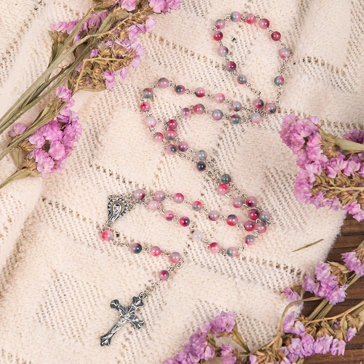 FREE Today: Our Lady of Rosary & Crucifix of 6mm Round Multi-pink Agate Alloy Chain Rosary