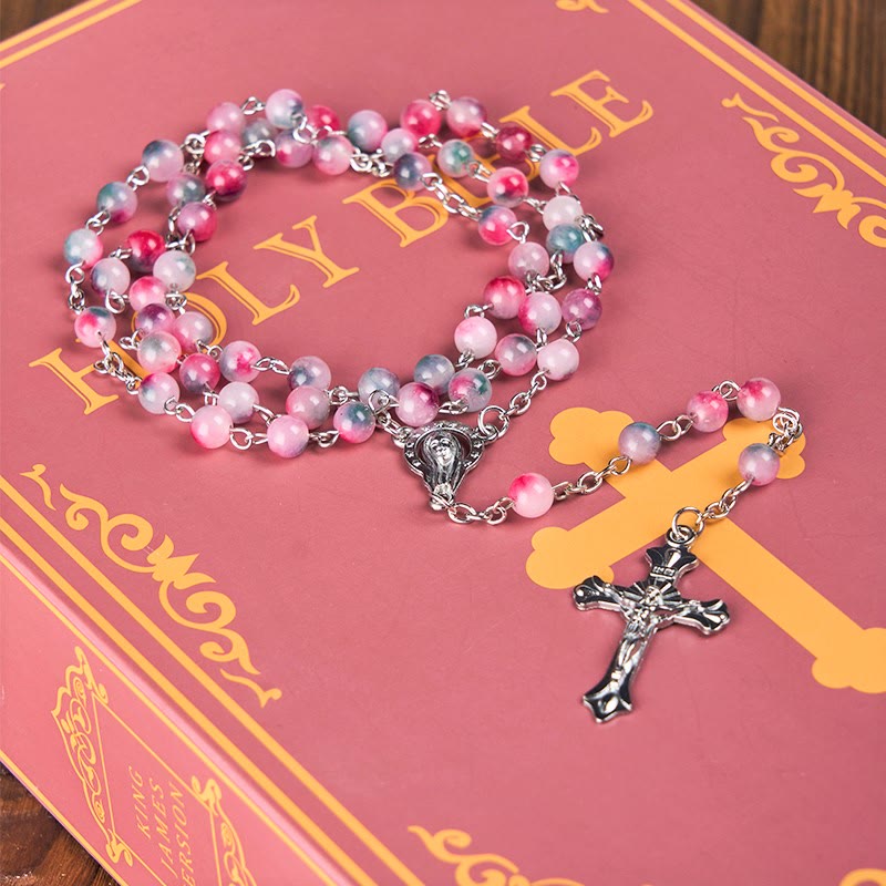 FREE Today: Our Lady of Rosary & Crucifix of 6mm Round Multi-pink Agate Alloy Chain Rosary