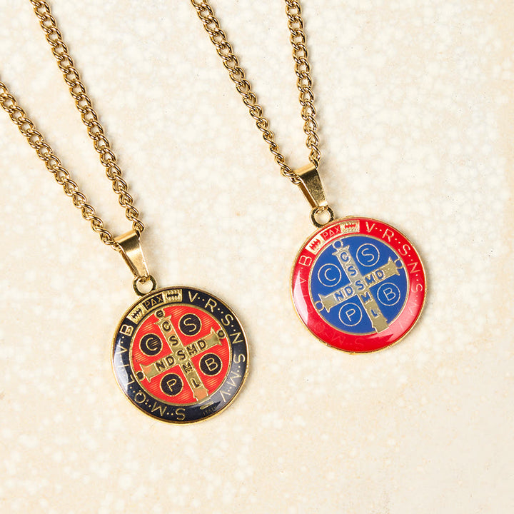 Christianartworkshop 2 Color Retro Style St. Benedict Symbol Protection Faith Pendant Necklace