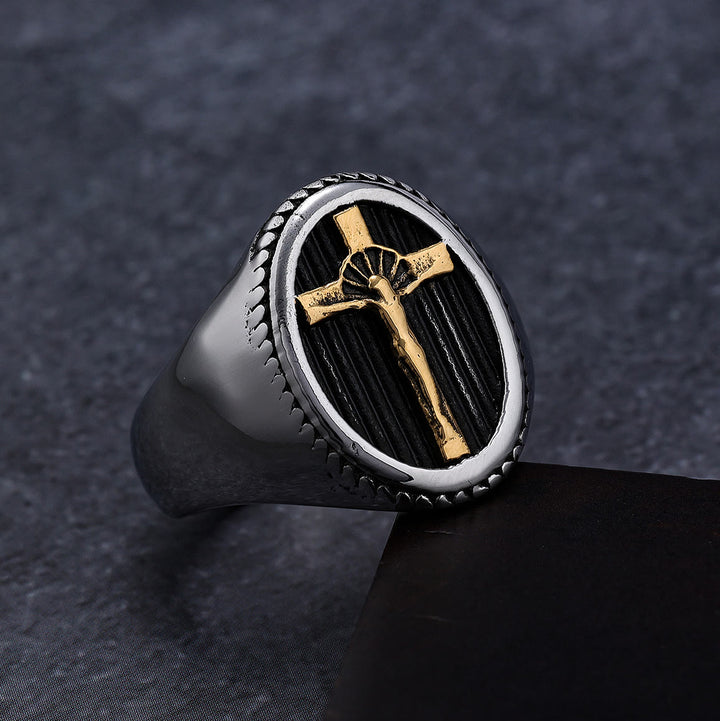 Christianartworkshop Retro Style Simple Crucifix Protection & Strength Titanium Ring