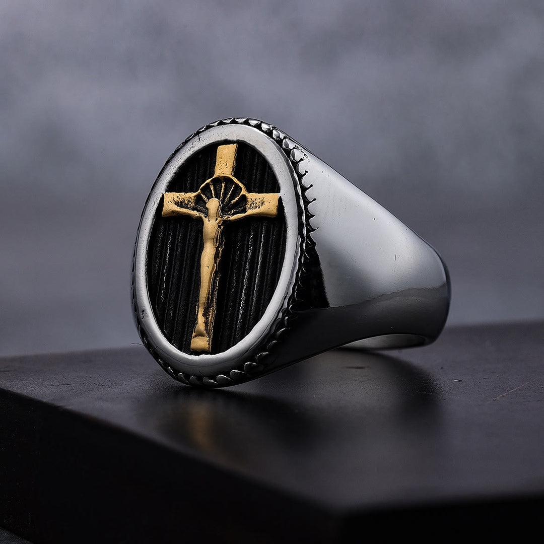 Christianartworkshop Retro Style Simple Crucifix Protection & Strength Titanium Ring - image 1