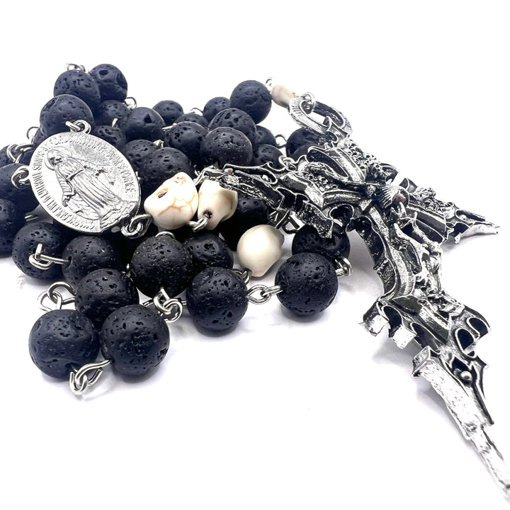 FREE Today: Miraculous Medal & Crucifix of 8 mm Round Black Stone Alloy Chain Rosary