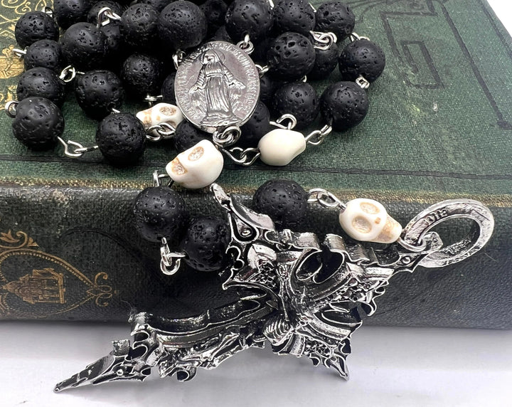 FREE Today: Miraculous Medal & Crucifix of 8 mm Round Black Stone Alloy Chain Rosary