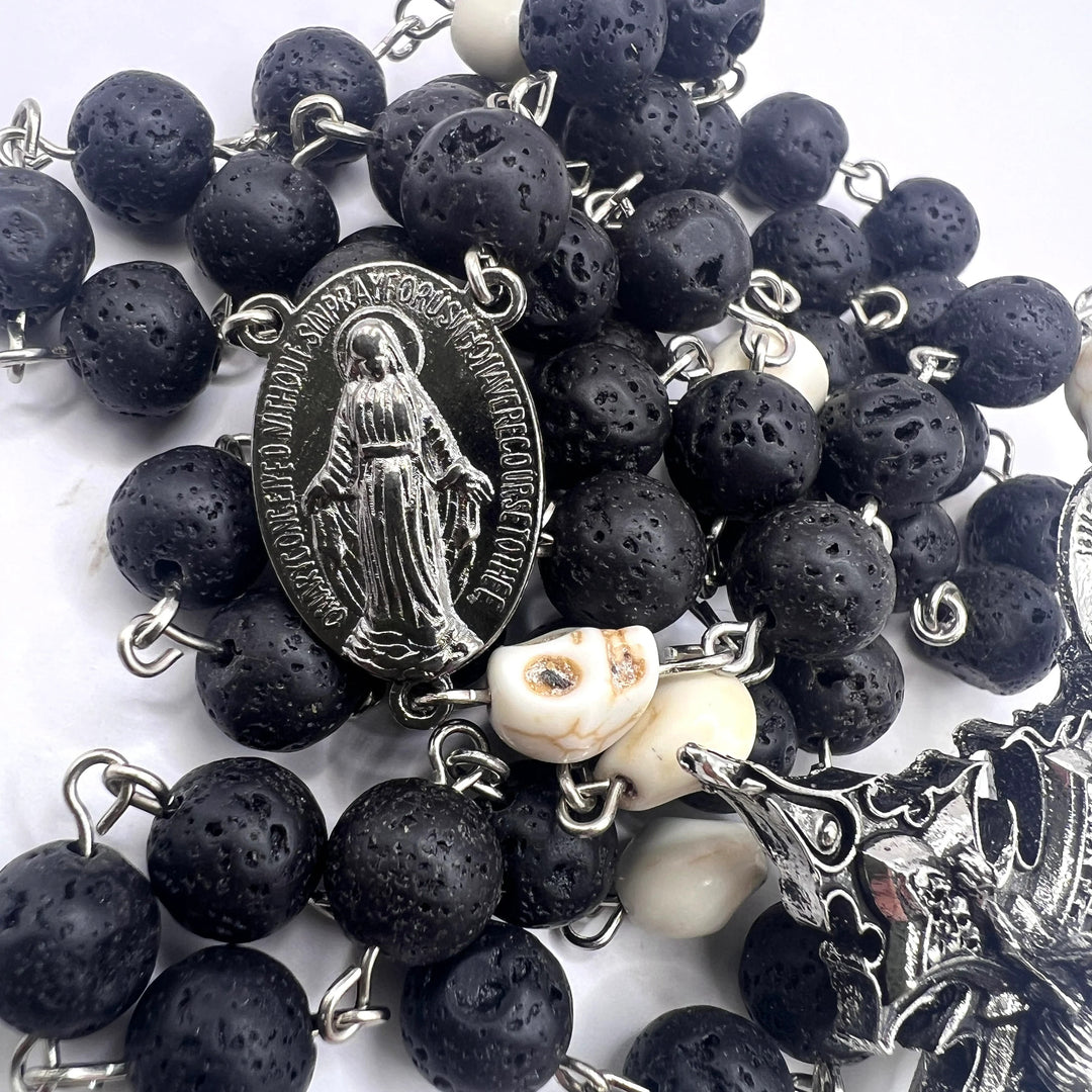 FREE Today: Miraculous Medal & Crucifix of 8 mm Round Black Stone Alloy Chain Rosary