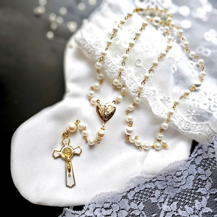 FREE Today: Marian Locket & Crucifix of 6*8 mm Round White Acrylic Alloy Chain Rosary