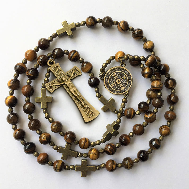 Christianartworkshop St. Benedict Medal & Crucifix of 8 mm Round Brown Tiger's Eye Alloy Chain Rosary