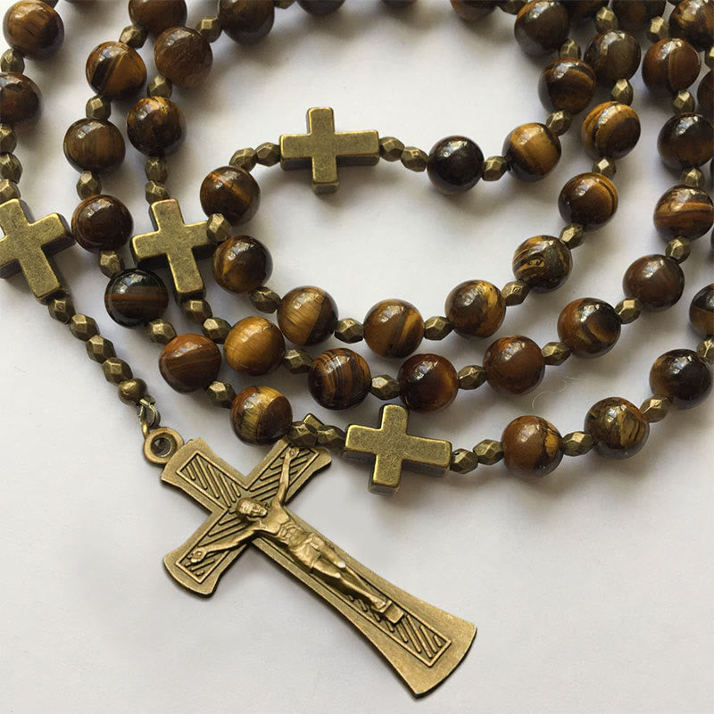 Christianartworkshop St. Benedict Medal & Crucifix of 8 mm Round Brown Tiger's Eye Alloy Chain Rosary