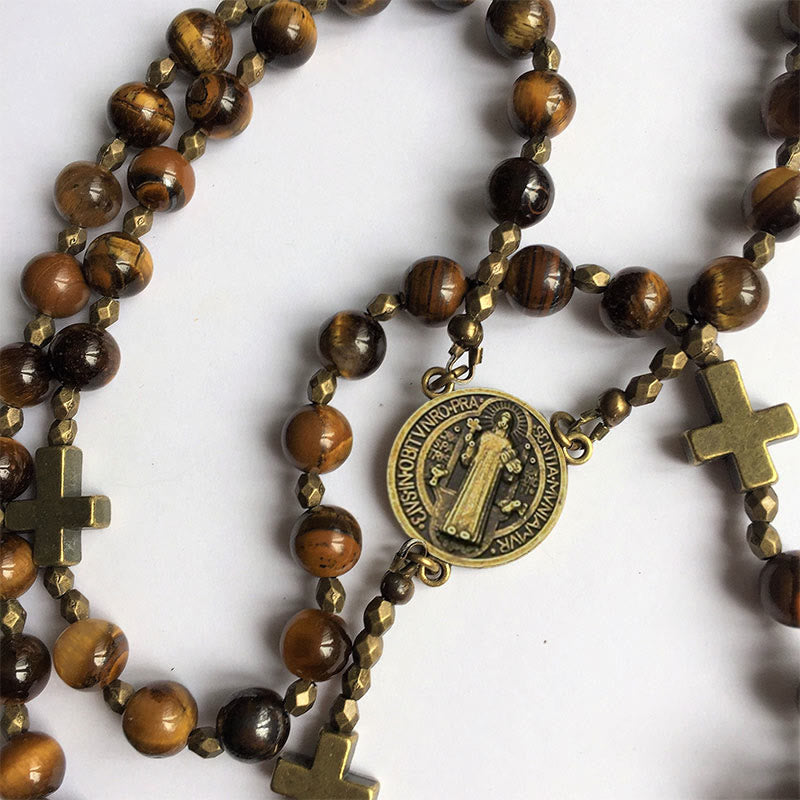 Christianartworkshop St. Benedict Medal & Crucifix of 8 mm Round Brown Tiger's Eye Alloy Chain Rosary