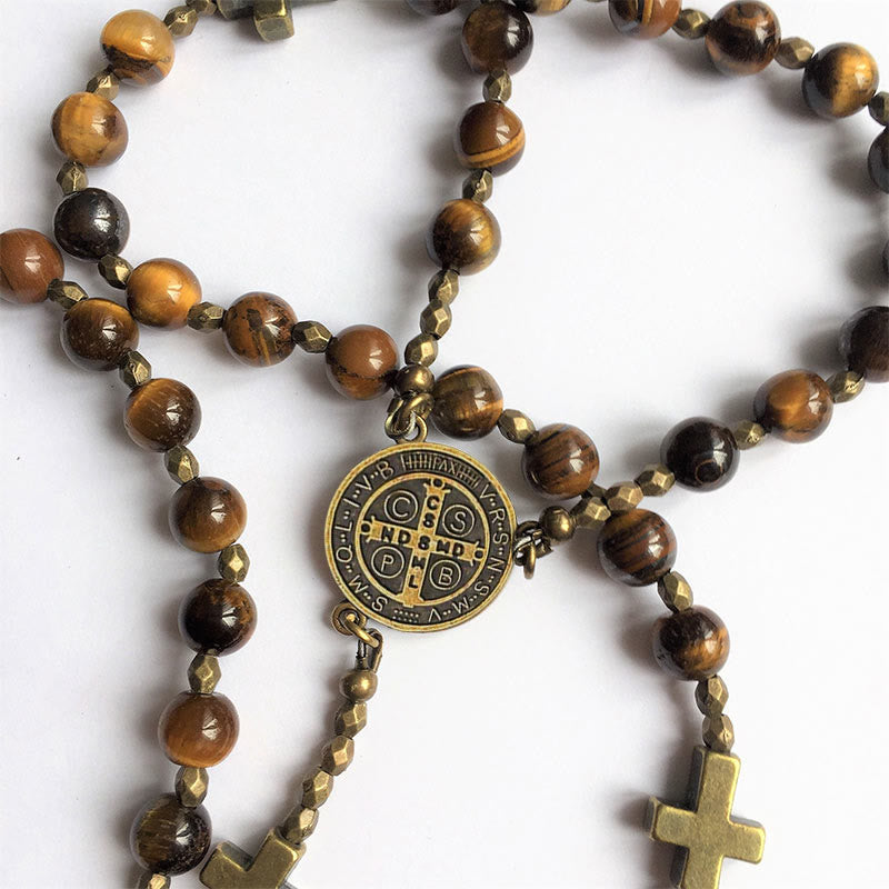 Christianartworkshop St. Benedict Medal & Crucifix of 8 mm Round Brown Tiger's Eye Alloy Chain Rosary