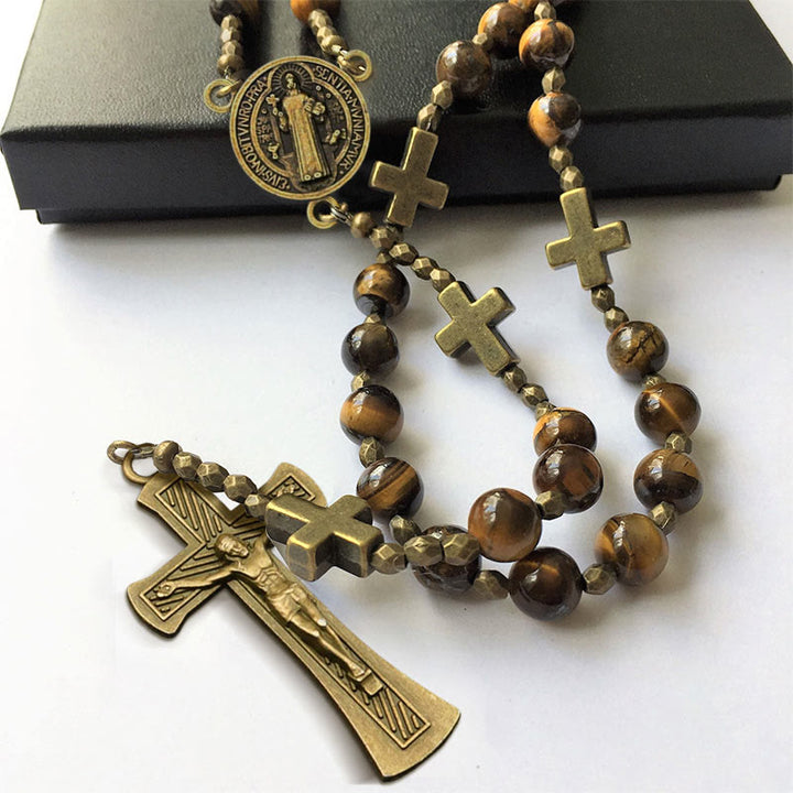 Christianartworkshop St. Benedict Medal & Crucifix of 8 mm Round Brown Tiger's Eye Alloy Chain Rosary