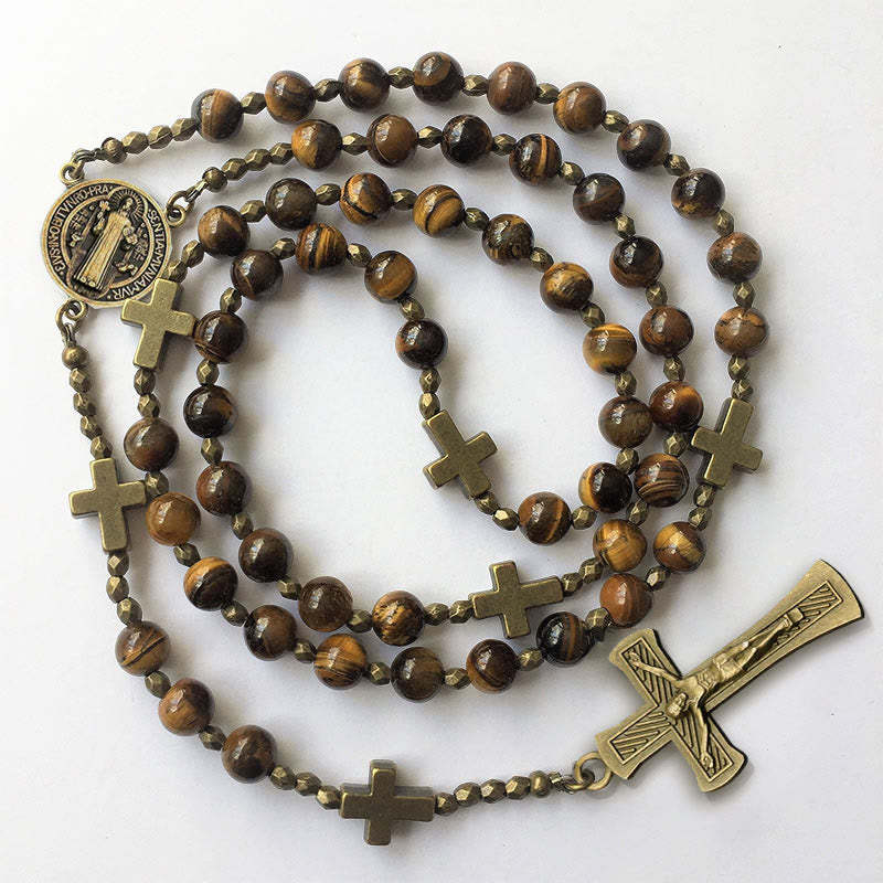 Christianartworkshop St. Benedict Medal & Crucifix of 8 mm Round Brown Tiger's Eye Alloy Chain Rosary