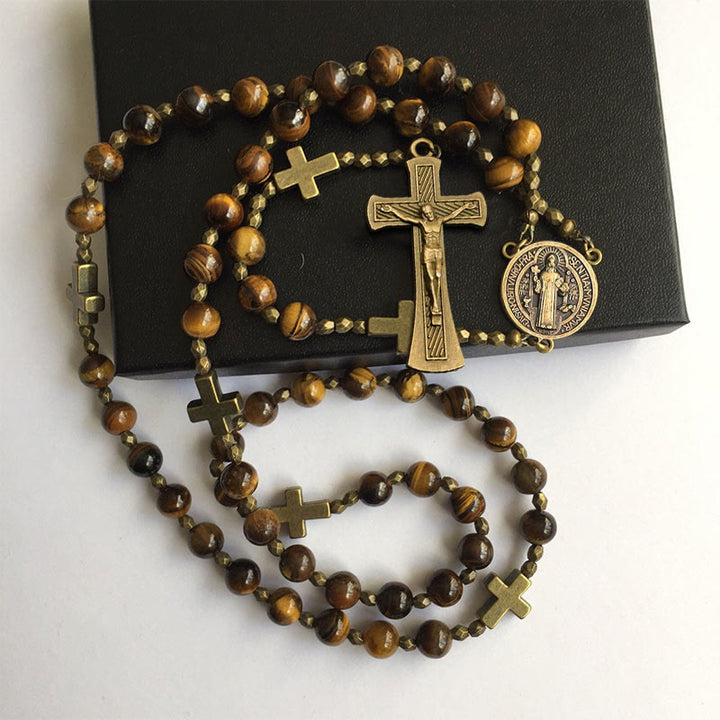 Christianartworkshop St. Benedict Medal & Crucifix of 8 mm Round Brown Tiger's Eye Alloy Chain Rosary