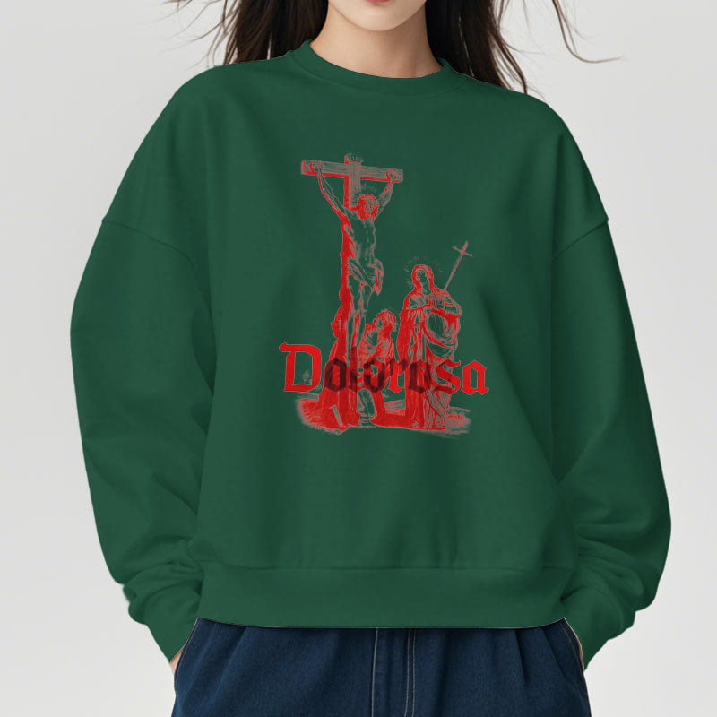 Christianartworkshop Classic Style Dolorosa Crucifix Jesus Sacred Faith Fleece Lined Polyester Sweatshirt