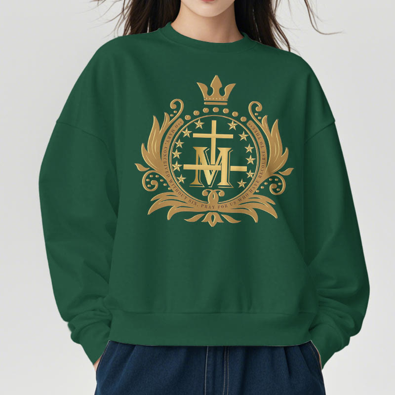 Christianartworkshop Classic Style Crowned Cross Virgin Mary Fleece Lined Polyester Sweatshirt