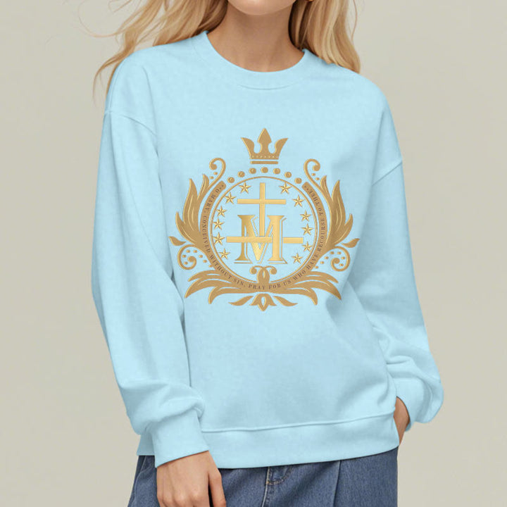 Christianartworkshop Classic Style Crowned Cross Virgin Mary Fleece Lined Polyester Sweatshirt