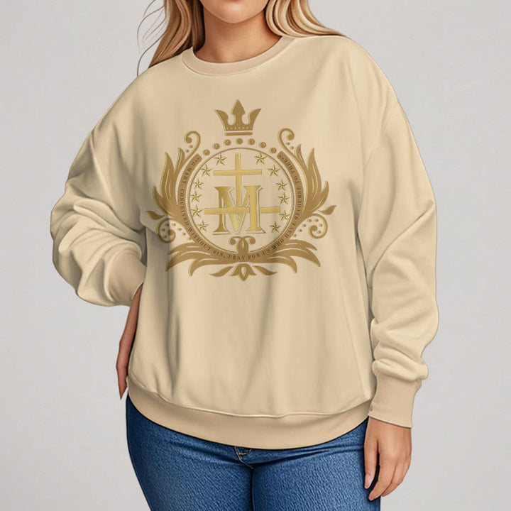 Christianartworkshop Classic Style Crowned Cross Virgin Mary Fleece Lined Polyester Sweatshirt