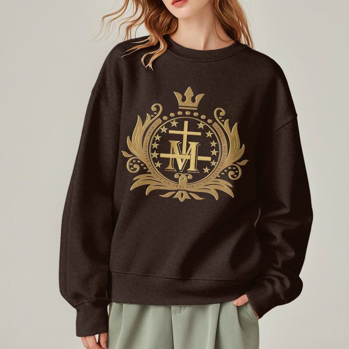 Christianartworkshop Classic Style Crowned Cross Virgin Mary Fleece Lined Polyester Sweatshirt