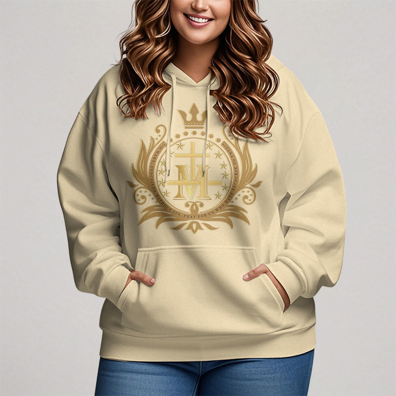 Christianartworkshop Classic Style Crowned Cross Virgin Mary Fleece Lined Polyester Hoodie