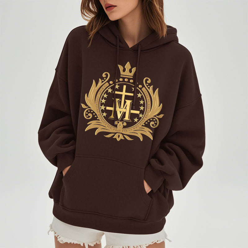 Christianartworkshop Classic Style Crowned Cross Virgin Mary Fleece Lined Polyester Hoodie