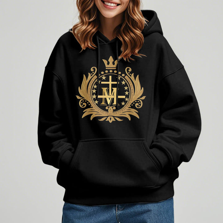 Christianartworkshop Classic Style Crowned Cross Virgin Mary Fleece Lined Polyester Hoodie