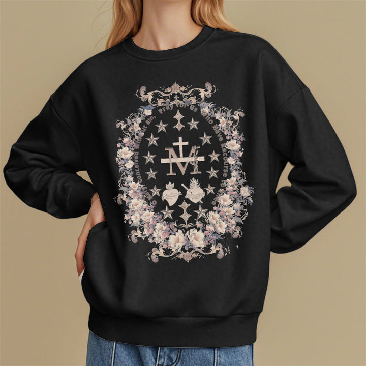 Christianartworkshop Modern Style Floral Cross Virgin Mary Fleece Lined Polyester Sweatshirt - image 6