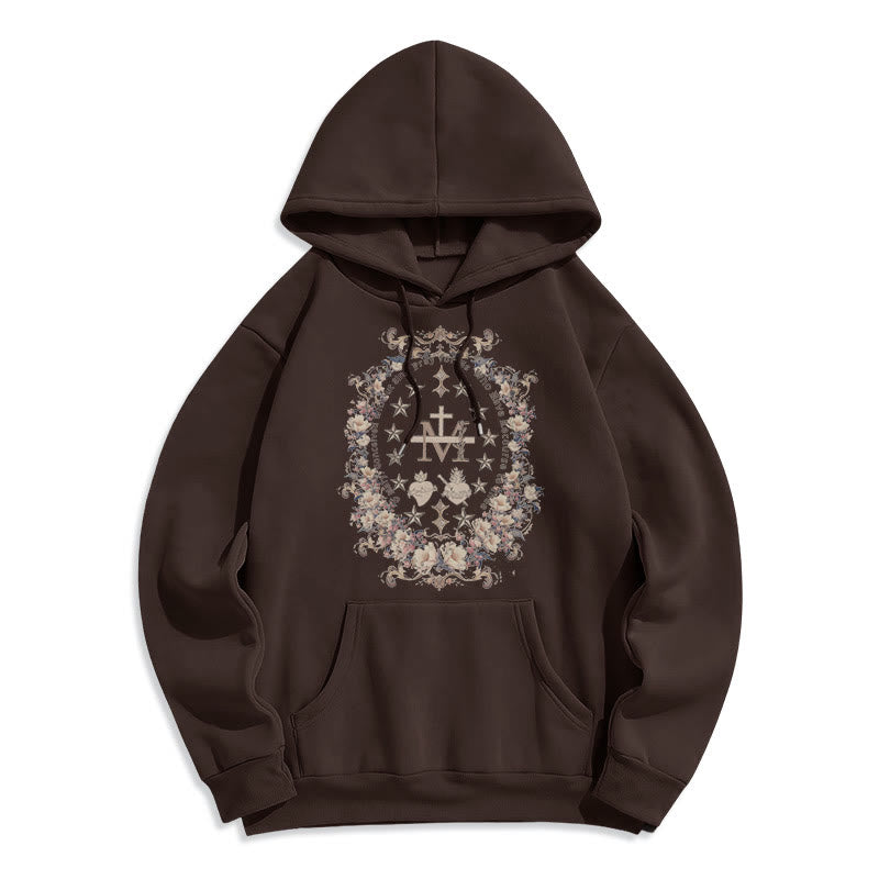 Christianartworkshop Modern Style Floral Cross Virgin Mary Fleece Lined Polyester Hoodie