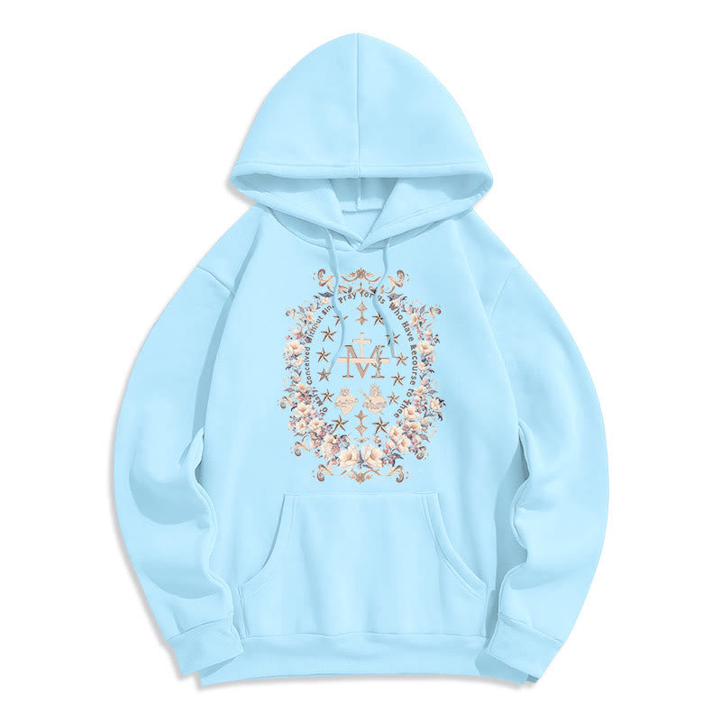 Christianartworkshop Modern Style Floral Cross Virgin Mary Fleece Lined Polyester Hoodie - Blue - 2XL - image 0