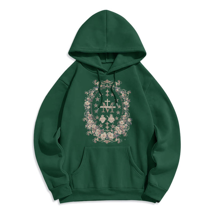 Christianartworkshop Modern Style Floral Cross Virgin Mary Fleece Lined Polyester Hoodie