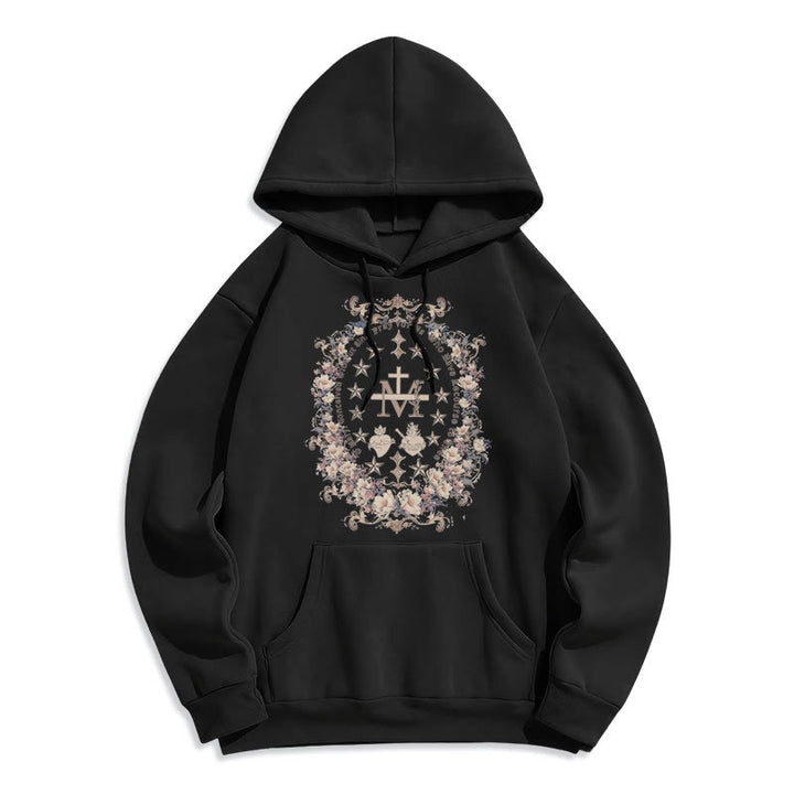 Christianartworkshop Modern Style Floral Cross Virgin Mary Fleece Lined Polyester Hoodie