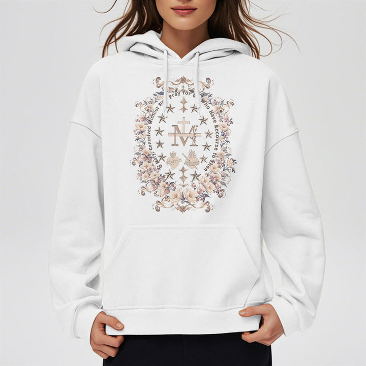 Christianartworkshop Modern Style Floral Cross Virgin Mary Fleece Lined Polyester Hoodie