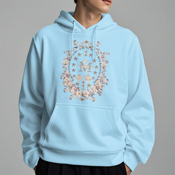 Christianartworkshop Modern Style Floral Cross Virgin Mary Fleece Lined Polyester Hoodie