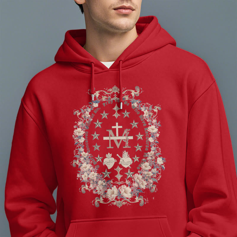 Christianartworkshop Modern Style Floral Cross Virgin Mary Fleece Lined Polyester Hoodie