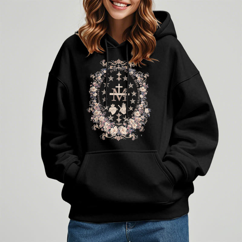 Christianartworkshop Modern Style Floral Cross Virgin Mary Fleece Lined Polyester Hoodie