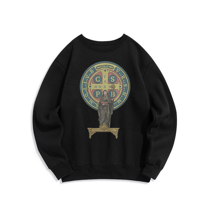 Christianartworkshop Classic Colored Style St. Benedict Medal Statue Fleece Lined Polyester Sweatshirt