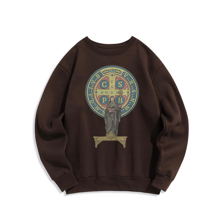 Christianartworkshop Classic Colored Style St. Benedict Medal Statue Fleece Lined Polyester Sweatshirt
