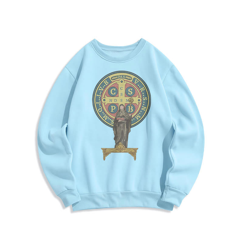 Christianartworkshop Classic Colored Style St. Benedict Medal Statue Fleece Lined Polyester Sweatshirt