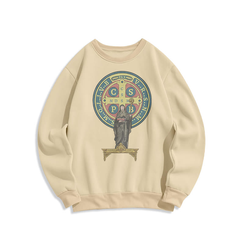 Christianartworkshop Classic Colored Style St. Benedict Medal Statue Fleece Lined Polyester Sweatshirt