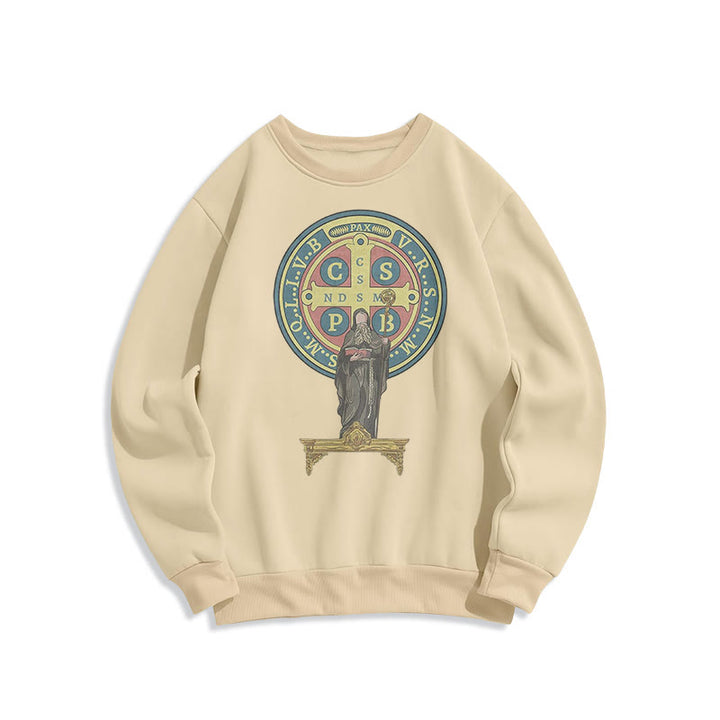 Christianartworkshop Classic Colored Style St. Benedict Medal Statue Fleece Lined Polyester Sweatshirt