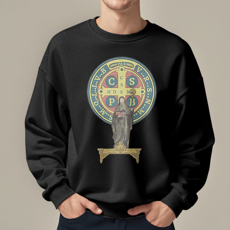 Christianartworkshop Classic Colored Style St. Benedict Medal Statue Fleece Lined Polyester Sweatshirt
